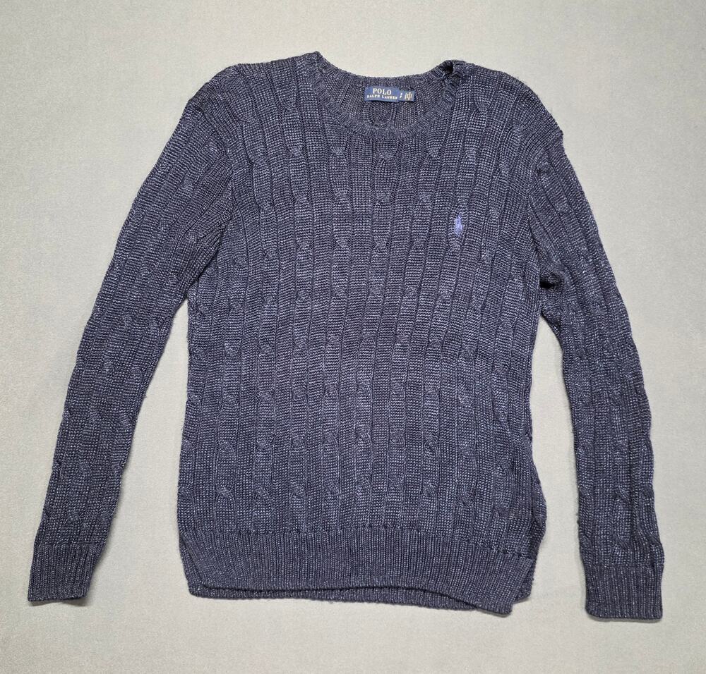 Polo Ralph Lauren Womens PS Small Peti Cable Knit Metallic Sweater Crewneck Blue